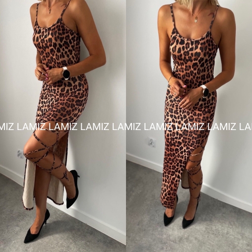 sukienka maxi panterka z wiązaniem na nodze brązowa