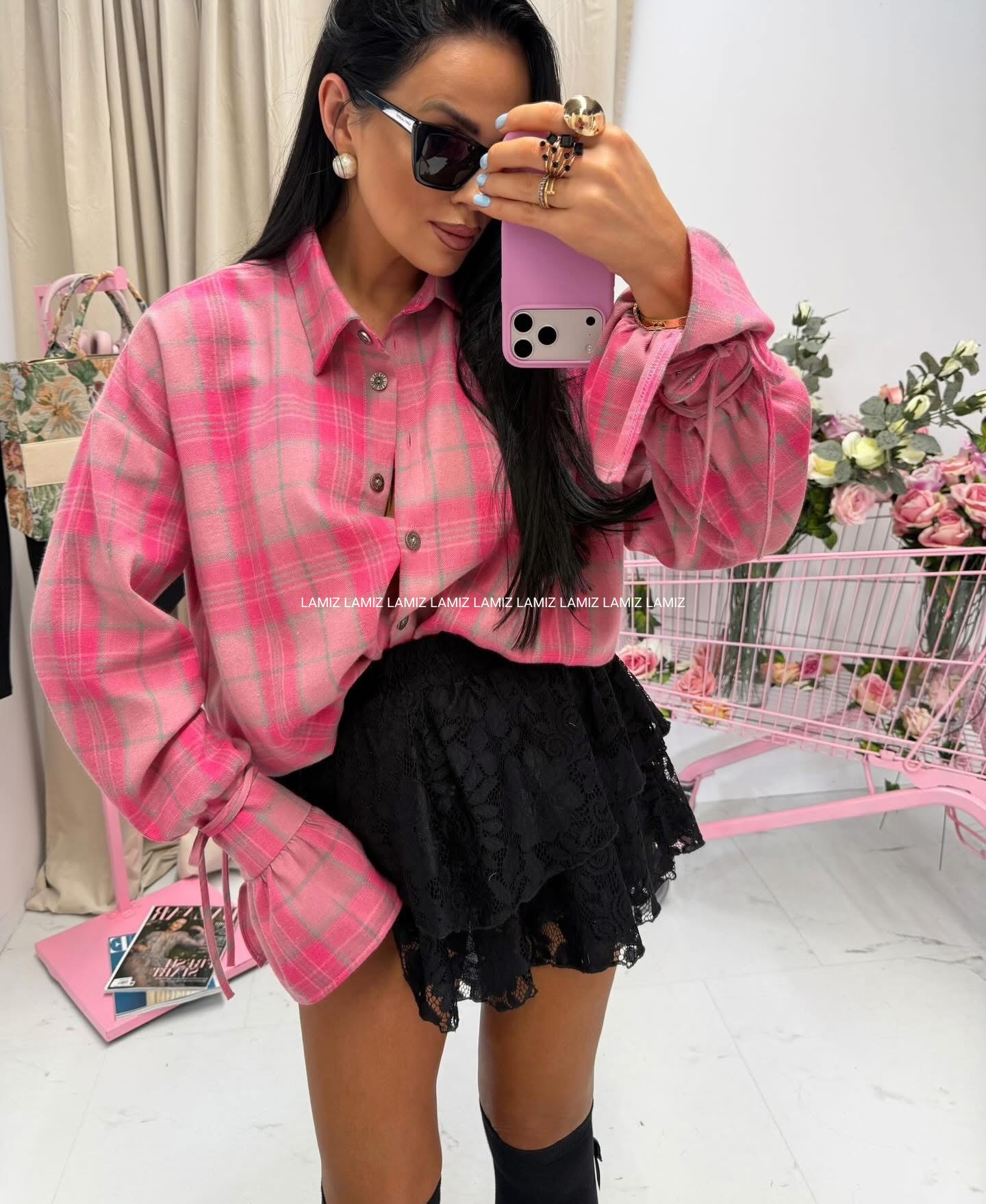 Koszula w kratę lamilla różowa dzwonek