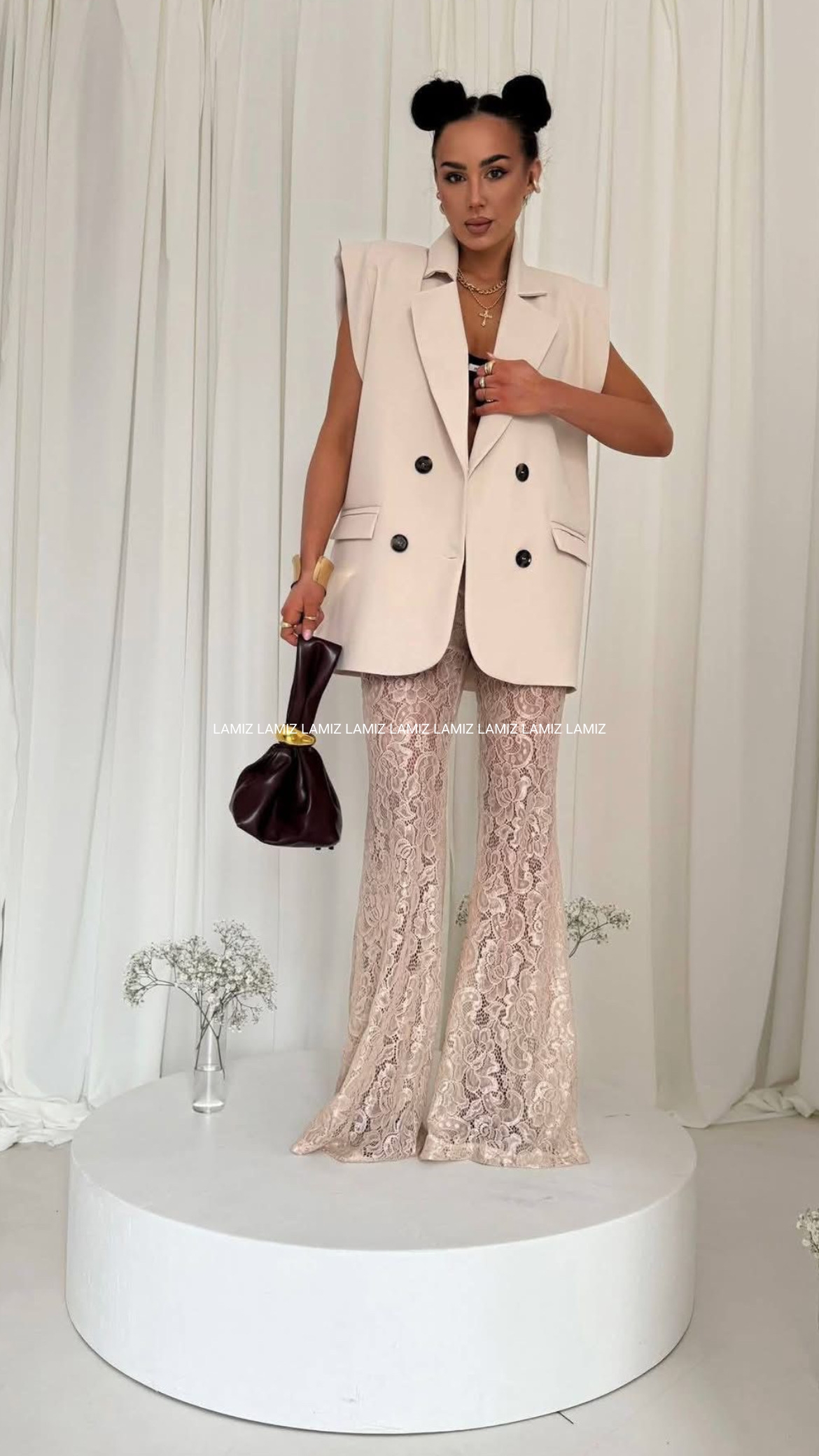 Spodnie lamilla dzwony koronkowe pudrowy beż  