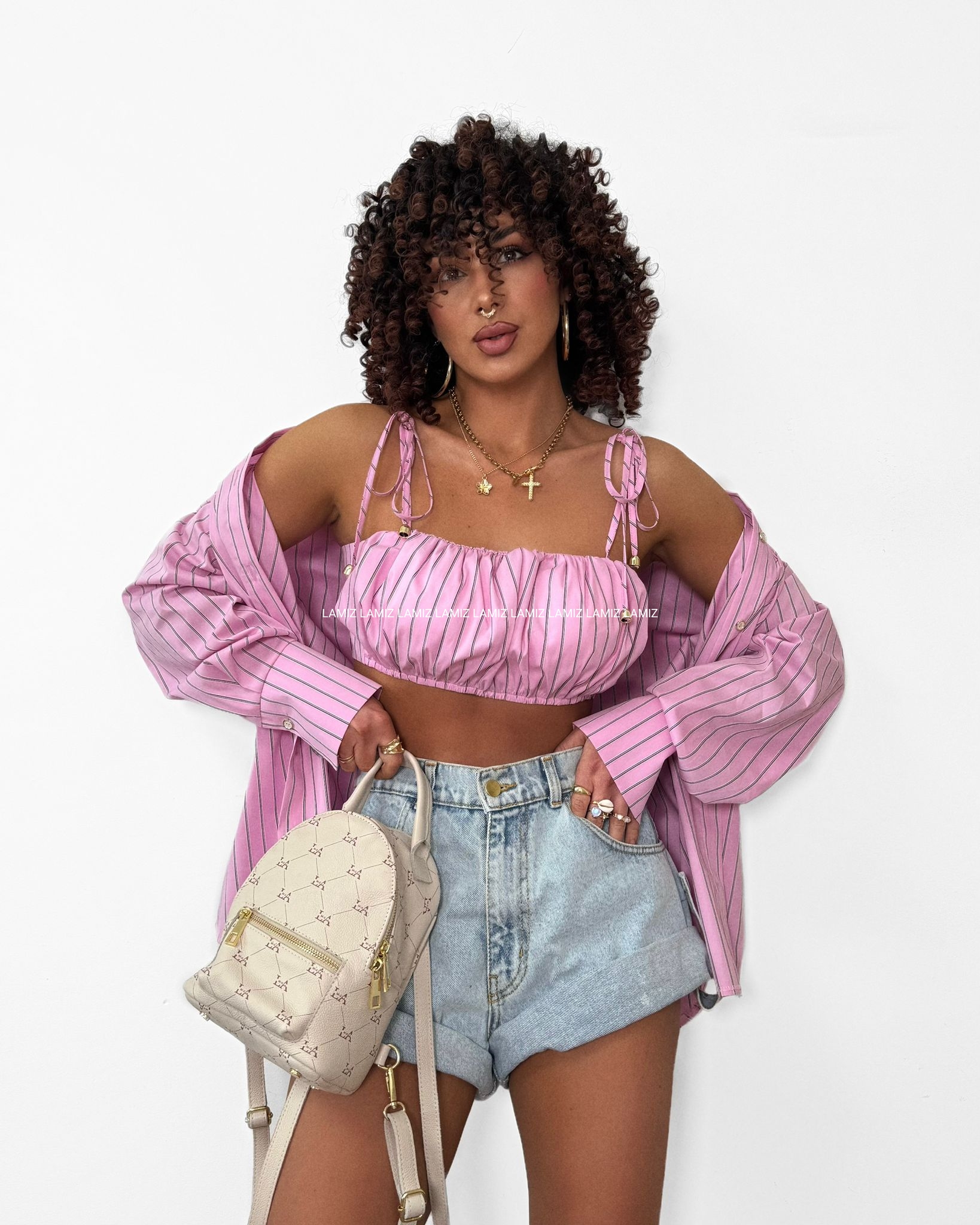 Komplet Marbella Pink Stripes koszula i top lamilla