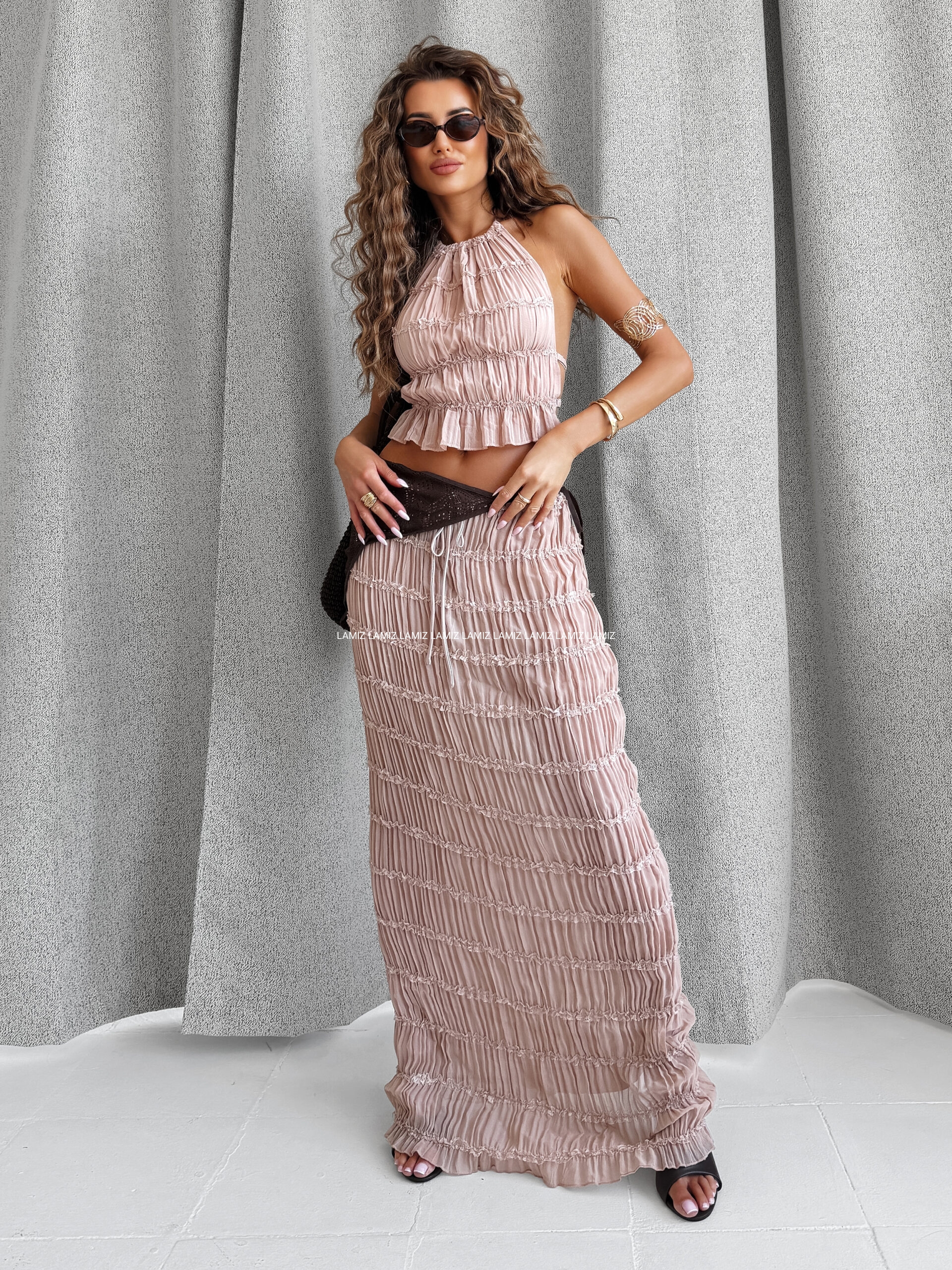 Komplet ANITTA olavoga beż – Top + transparentna spódnica maxi (1)
