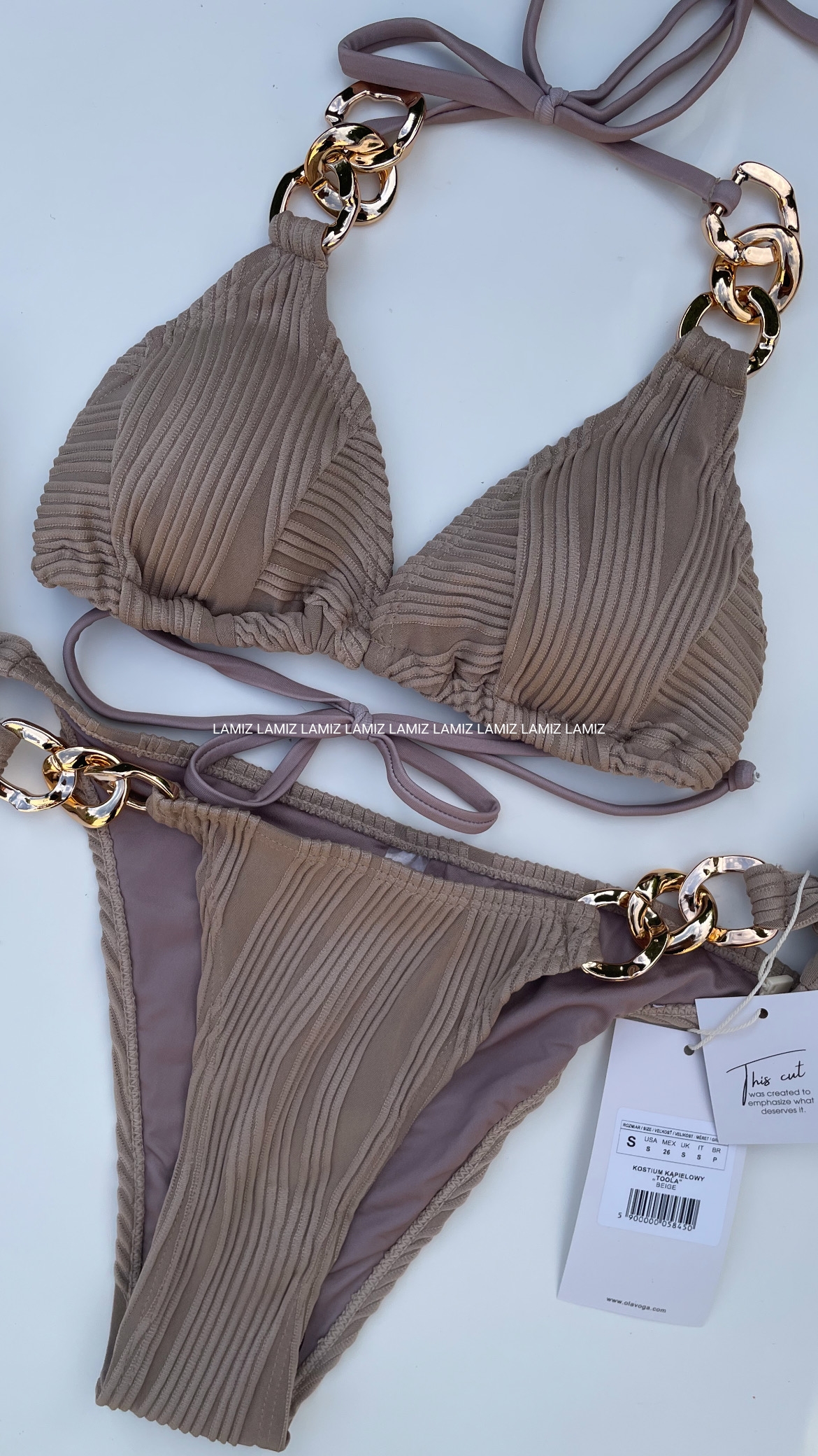 Kostium kąpielowy TOOLA OLAVOGA beż – bikini z ozdobnymi złotymi łańcuchami